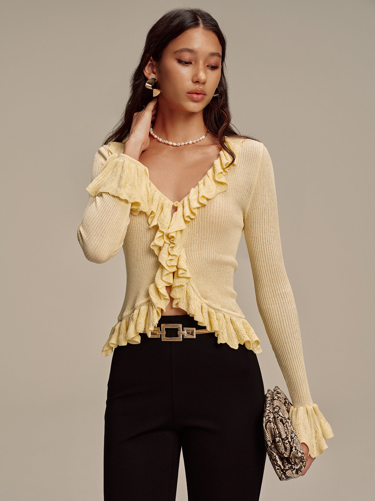 Ruffled V-Neck Knit Cardigan