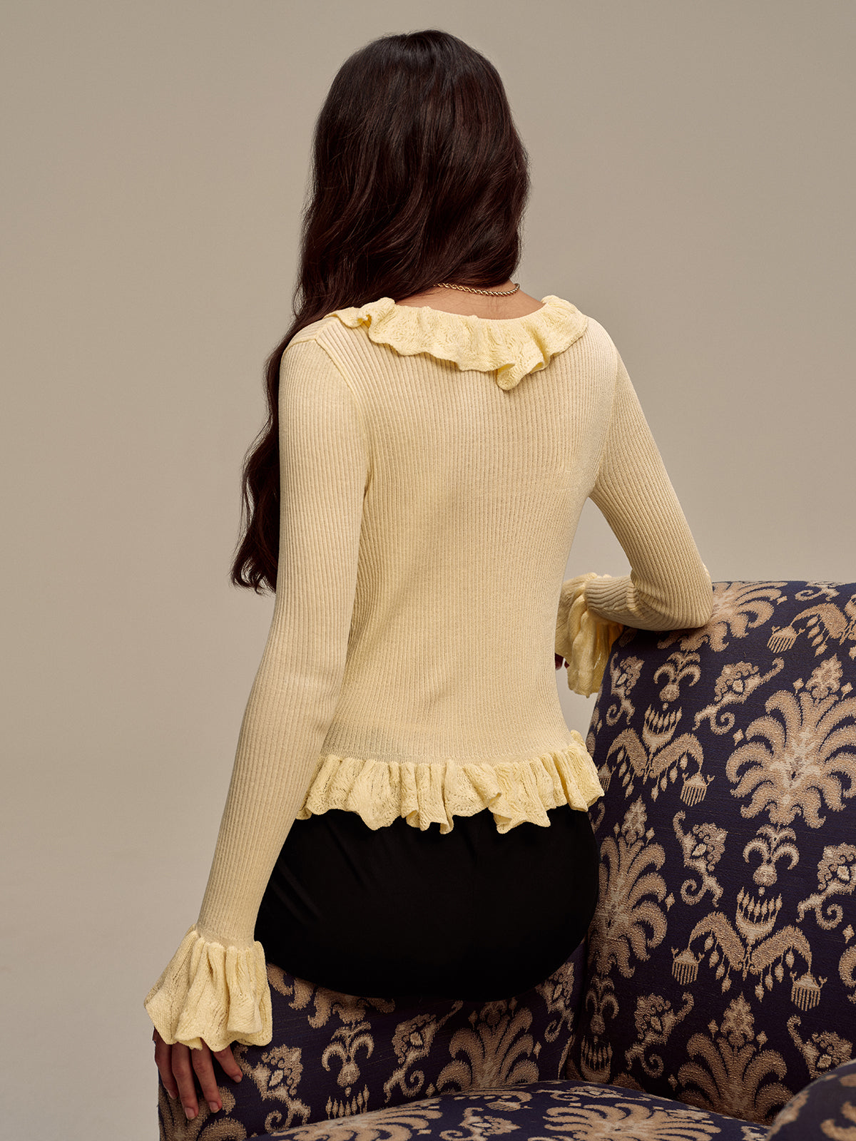 Ruffled V-Neck Knit Cardigan