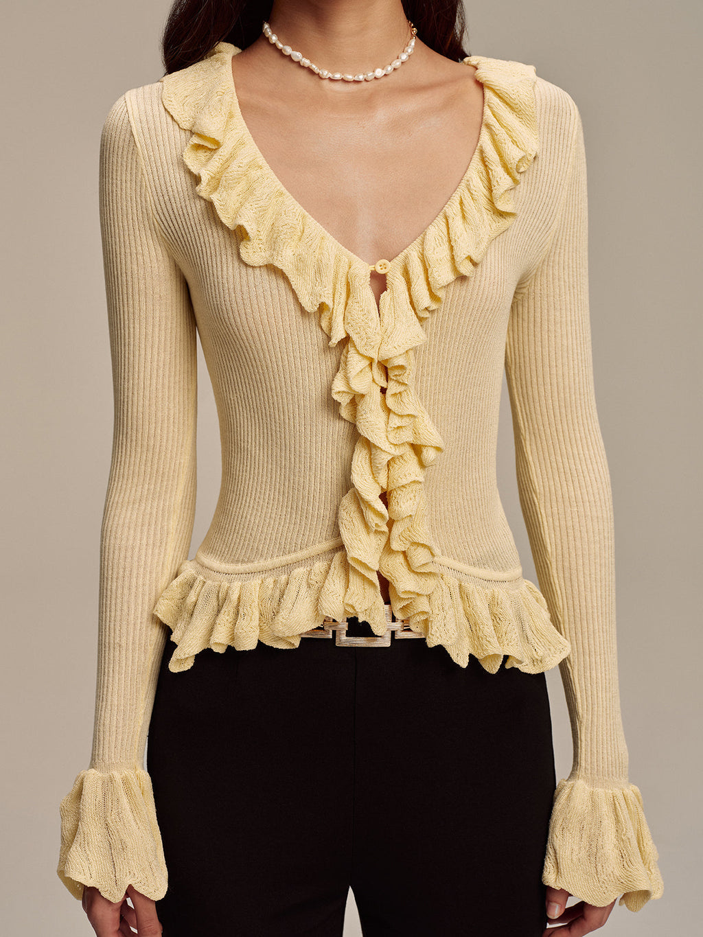 Ruffled V-Neck Knit Cardigan