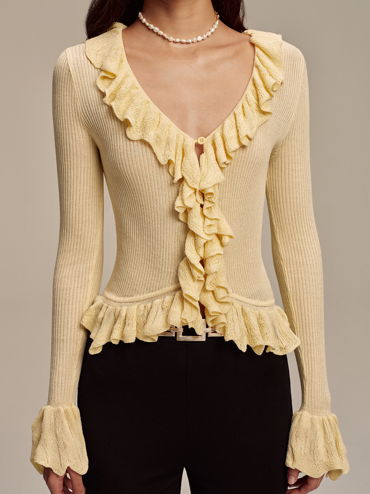 Ruffled V-Neck Knit Cardigan