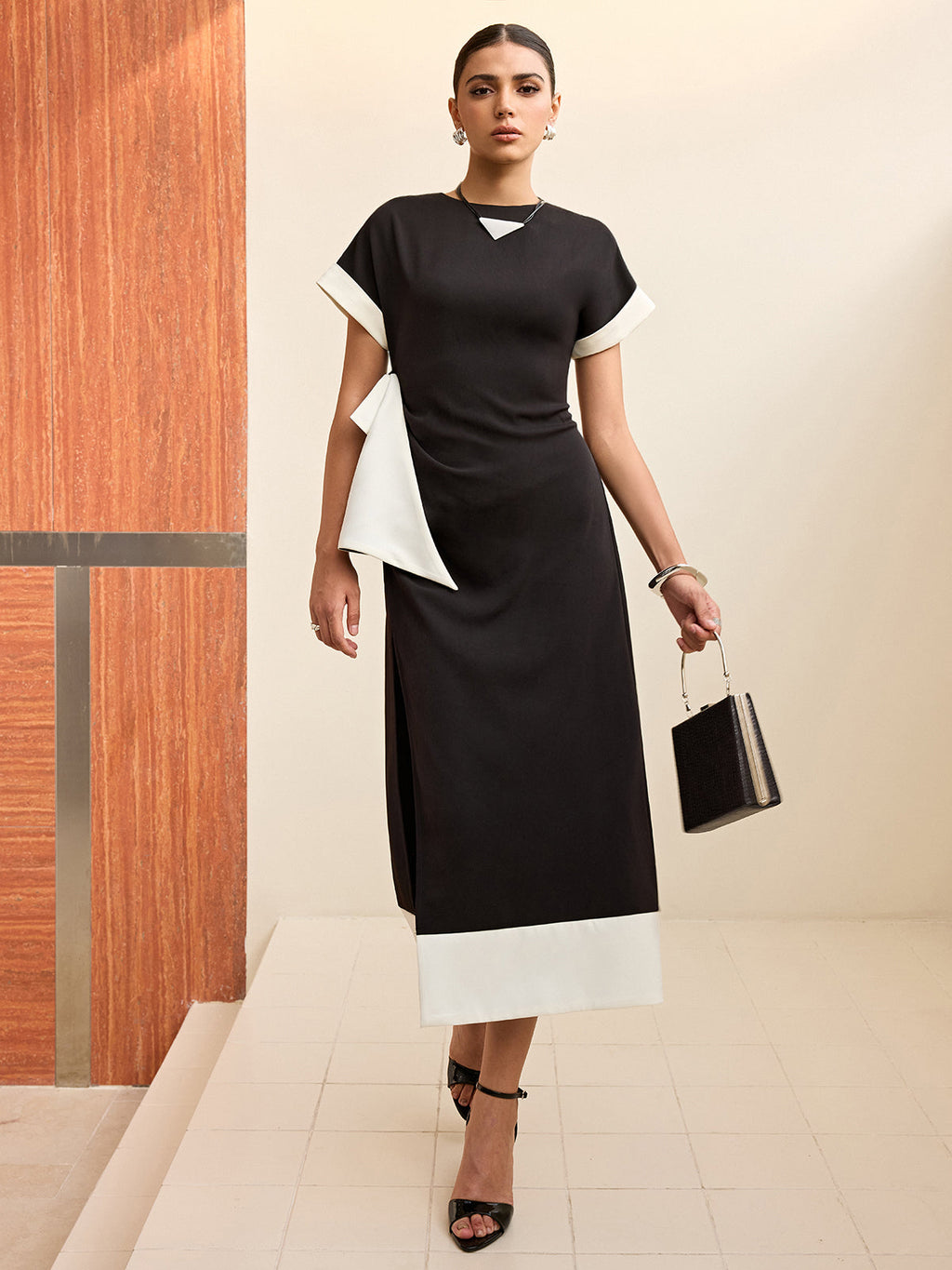 Contrast Trim Bow Slit Midi Dress
