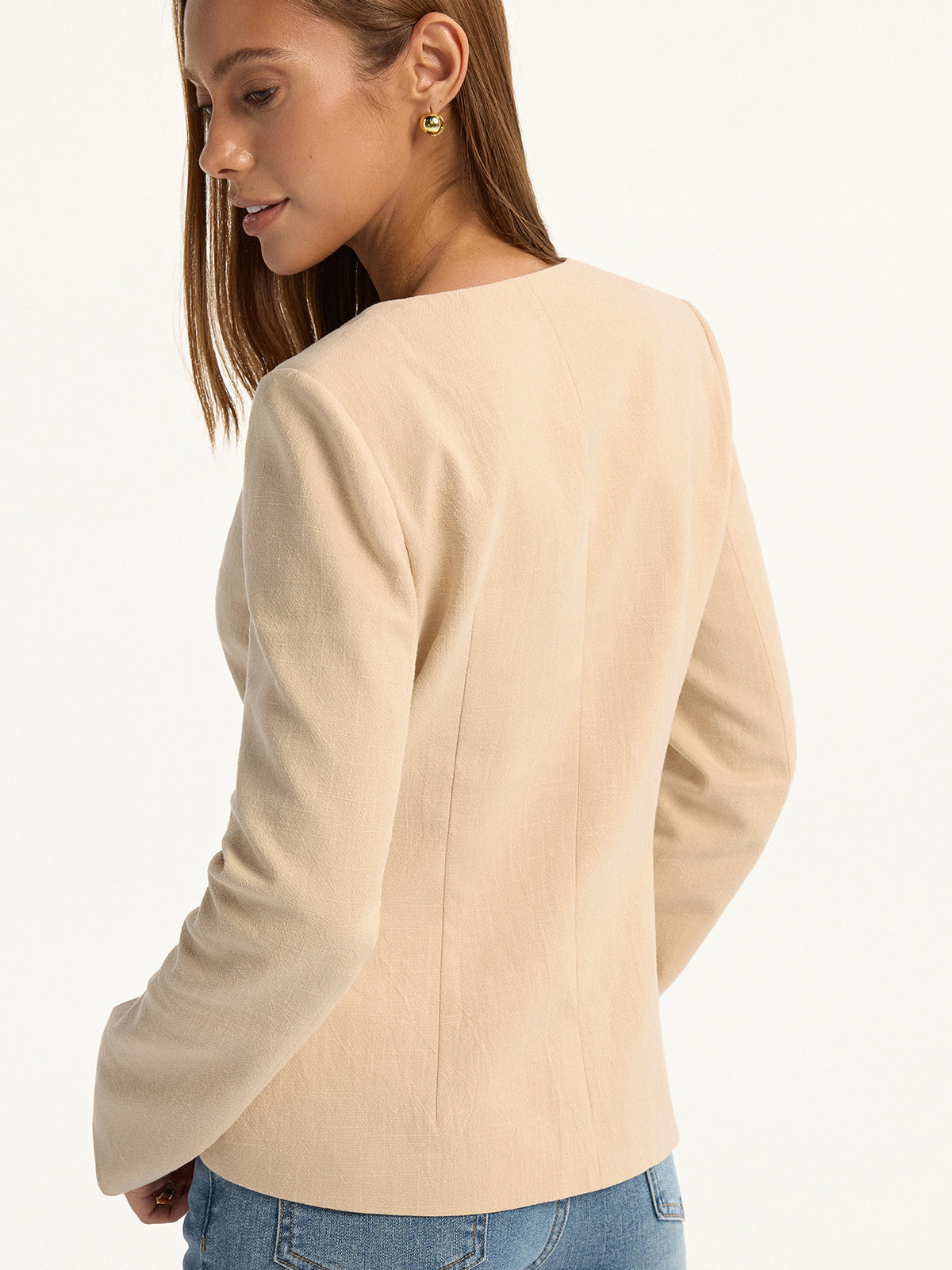 Linen & Cotton V-Neck Metal Button Blazer