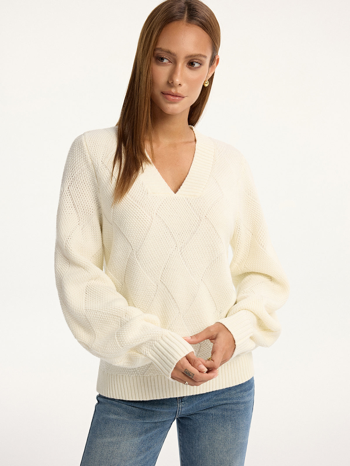 Wool-Blend Argyle Textured V-Neck Sweater