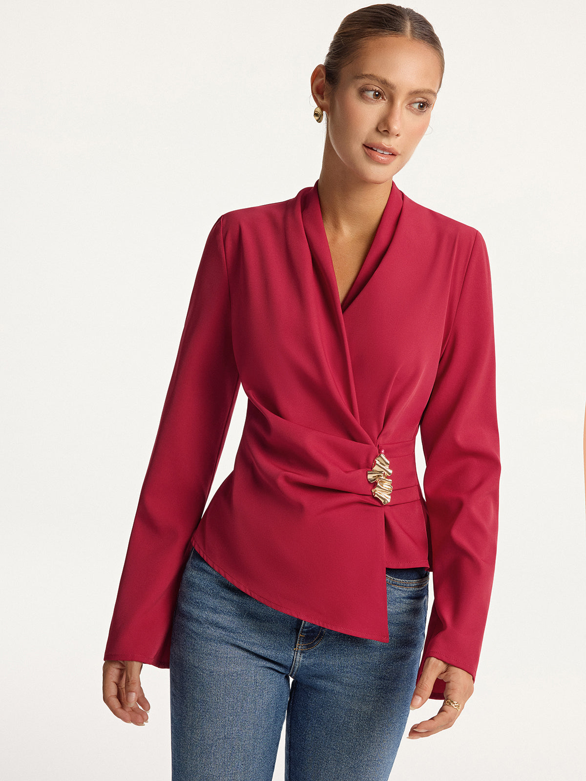 Asymmetric Metal Detail V-Neck Blouse