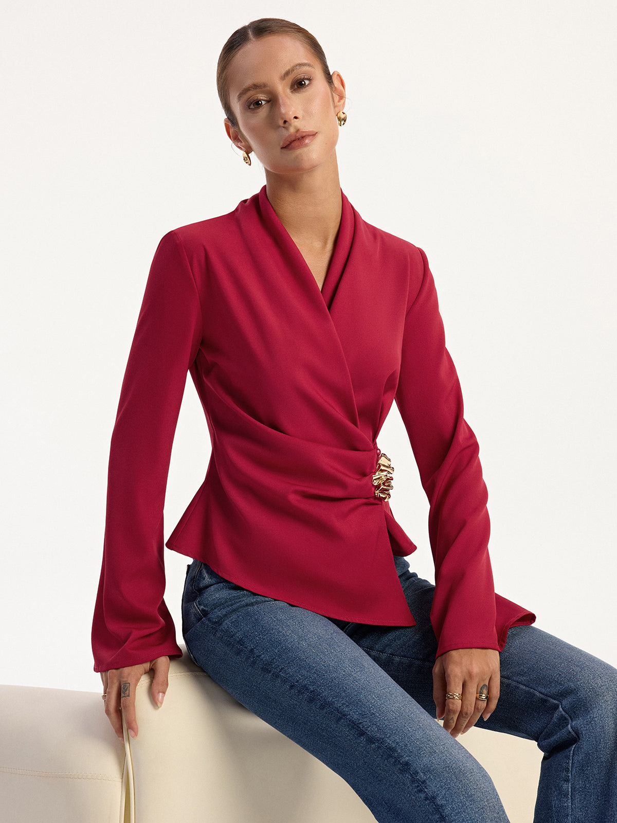 Asymmetric Metal Detail V-Neck Blouse