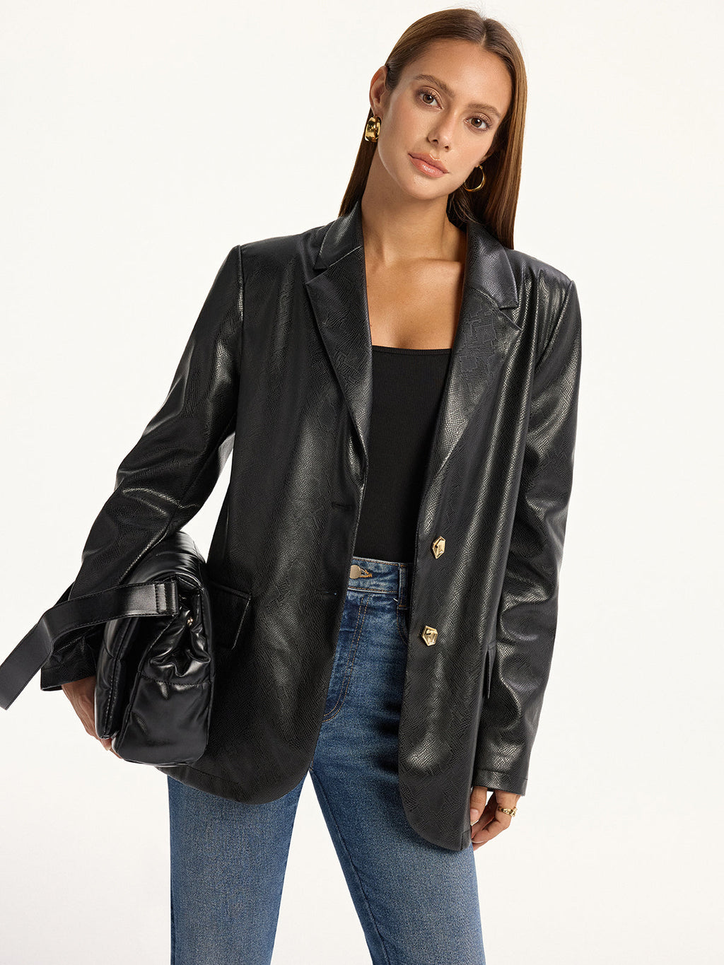 Blazer aus PU-Leder mit Schlangenmuster und Metallknöpfen