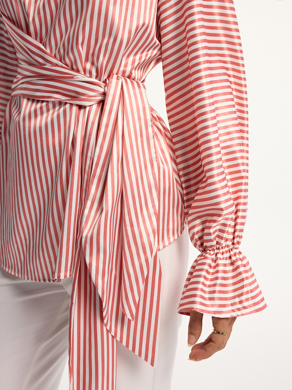 Wrap-Tie Striped Keyhole Blouse