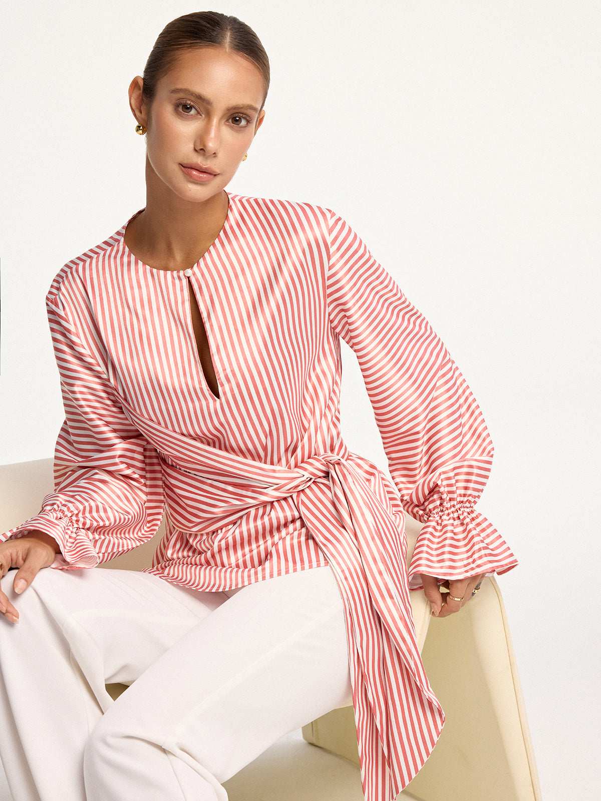 Wrap-Tie Striped Keyhole Blouse