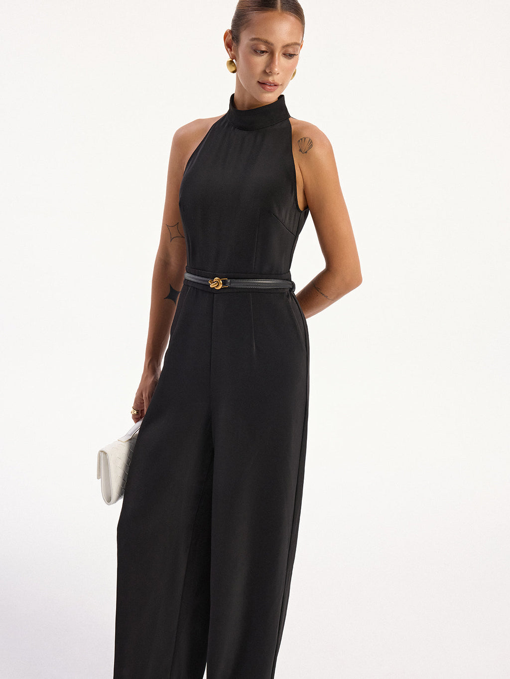 Satin Halter Neck Back Slit Jumpsuit without Belt