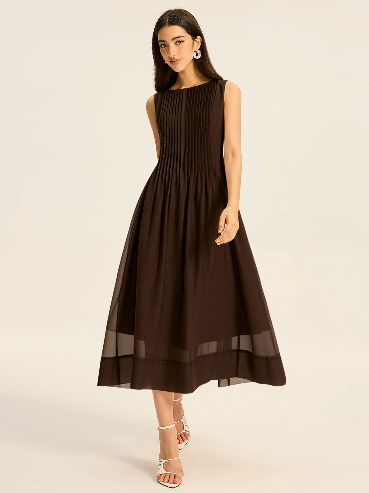 Robe midi plissée sans manches en Tencel semi-transparent 