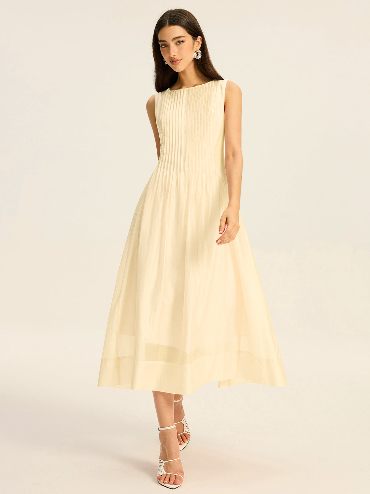 Robe midi plissée sans manches en Tencel semi-transparent 