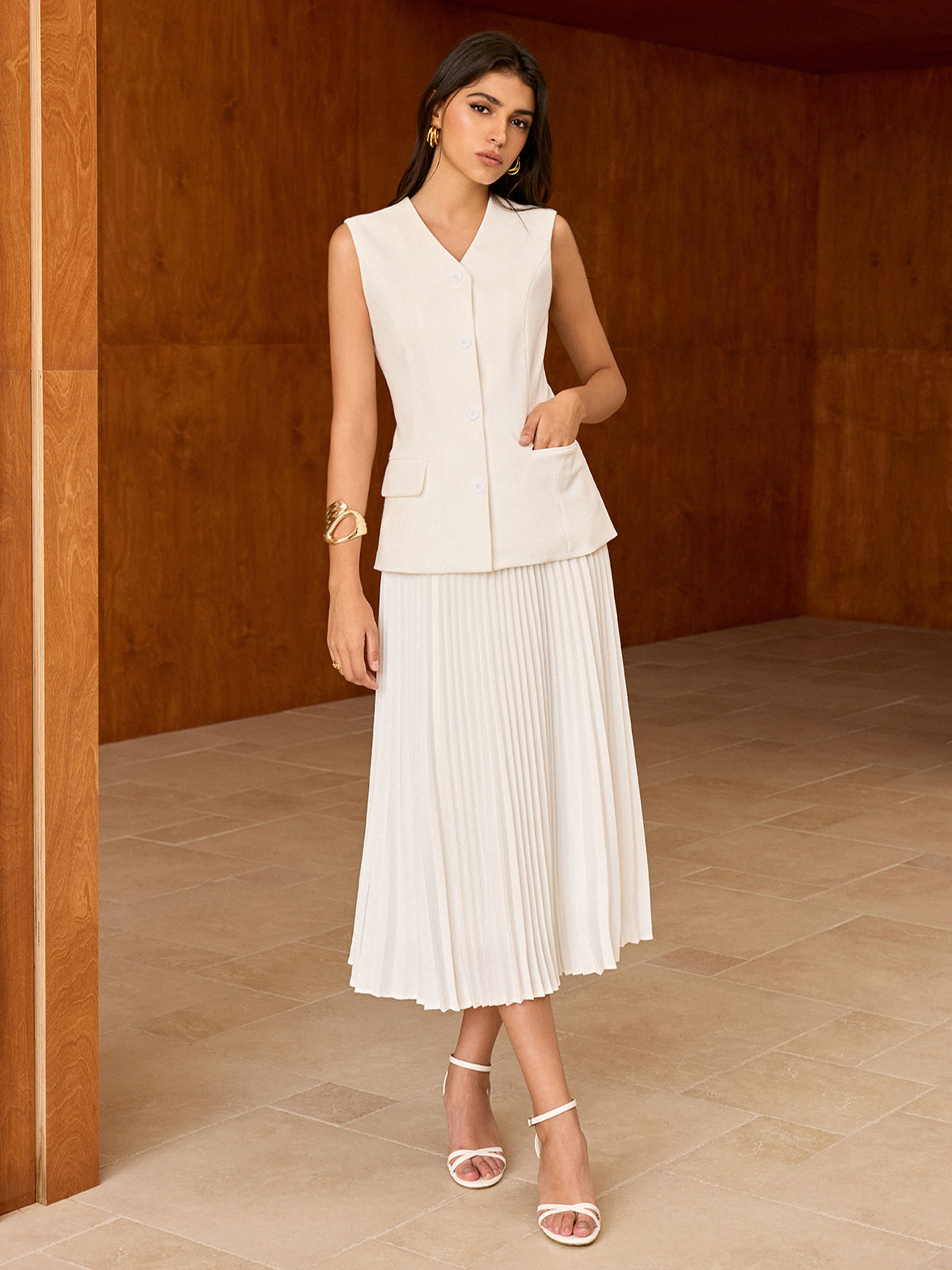 Elasticated Waist Pleated Midi Skirt