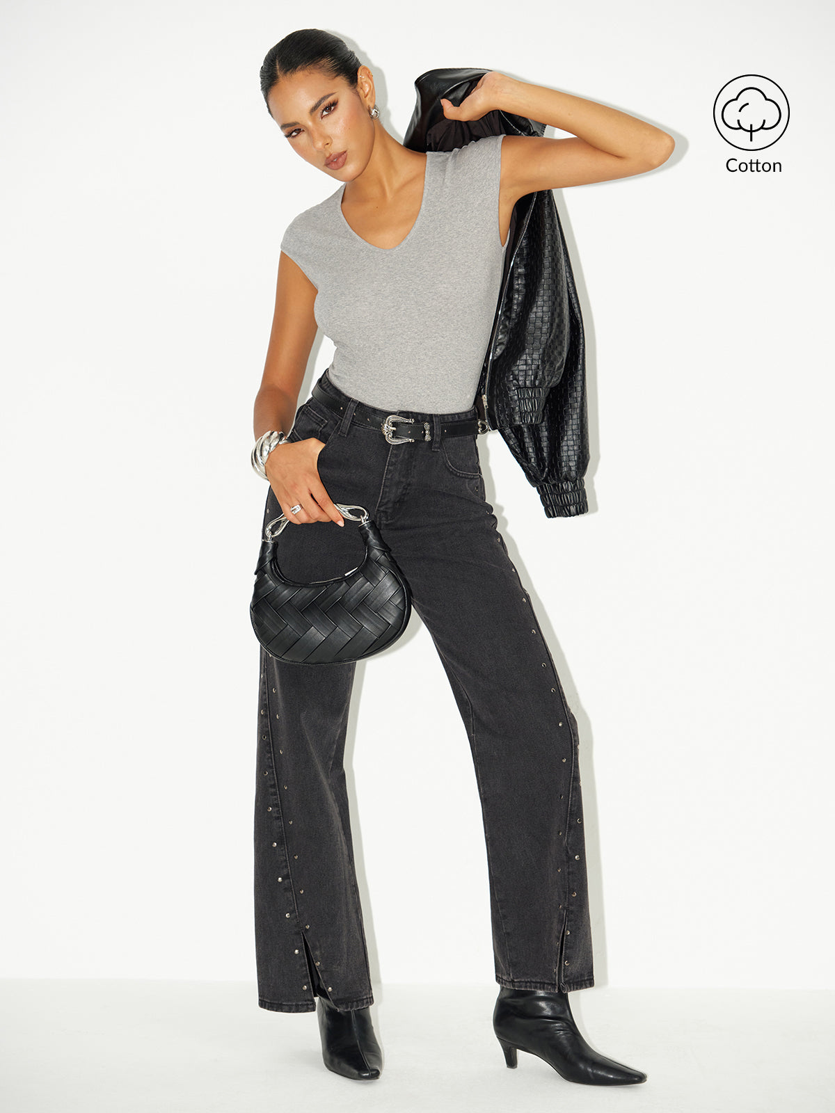 Oberteil aus Baumwollmischgewebe mit V-Ausschnitt und kurzen Ärmeln 