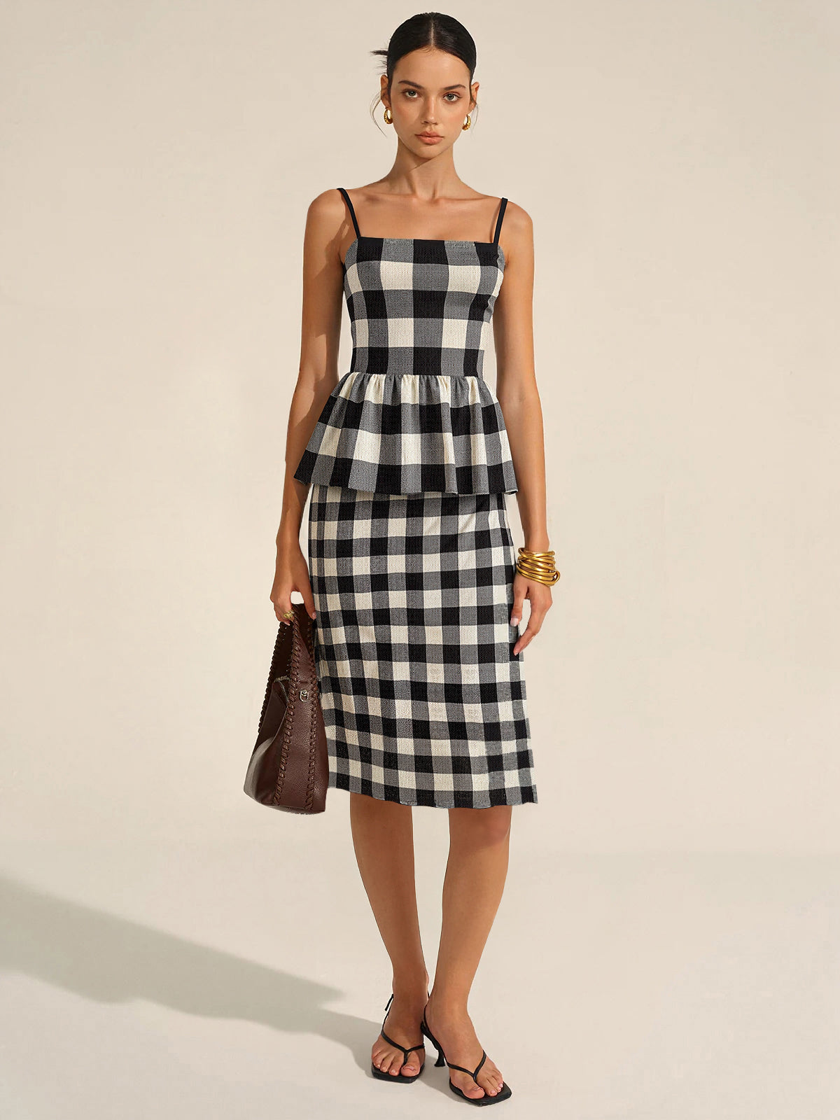 Checkered Cami Peplum Top and Skirt Set