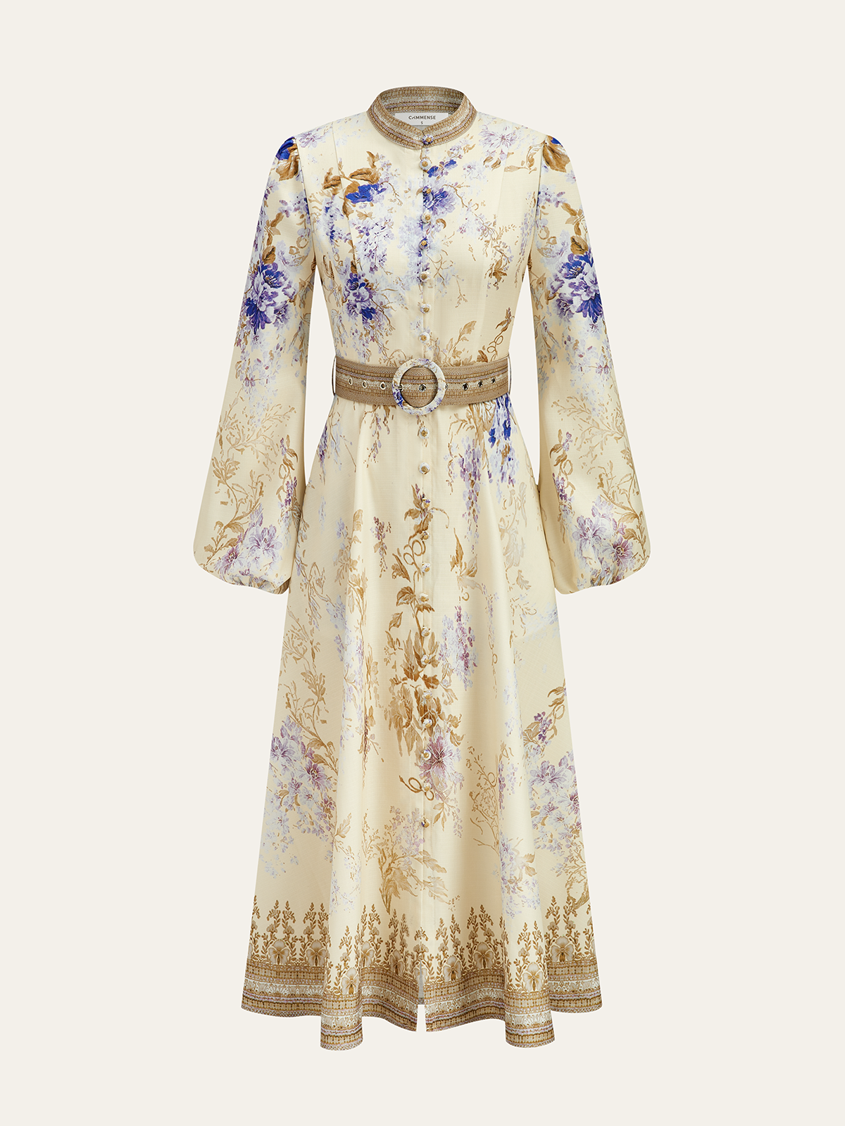 Robe fleurie à manches bouffantes et ceinture 