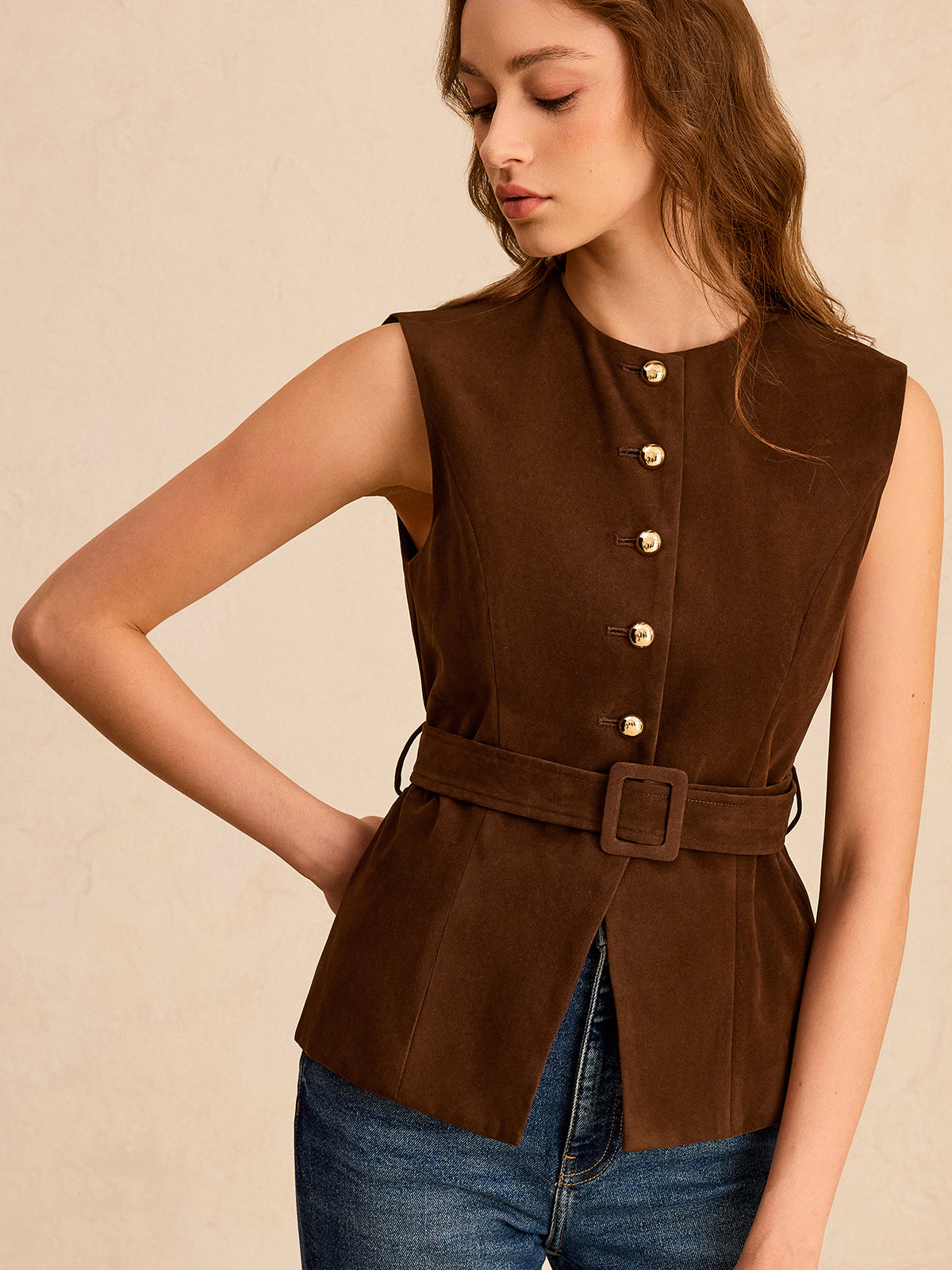 Suede Effect Vest with Belt