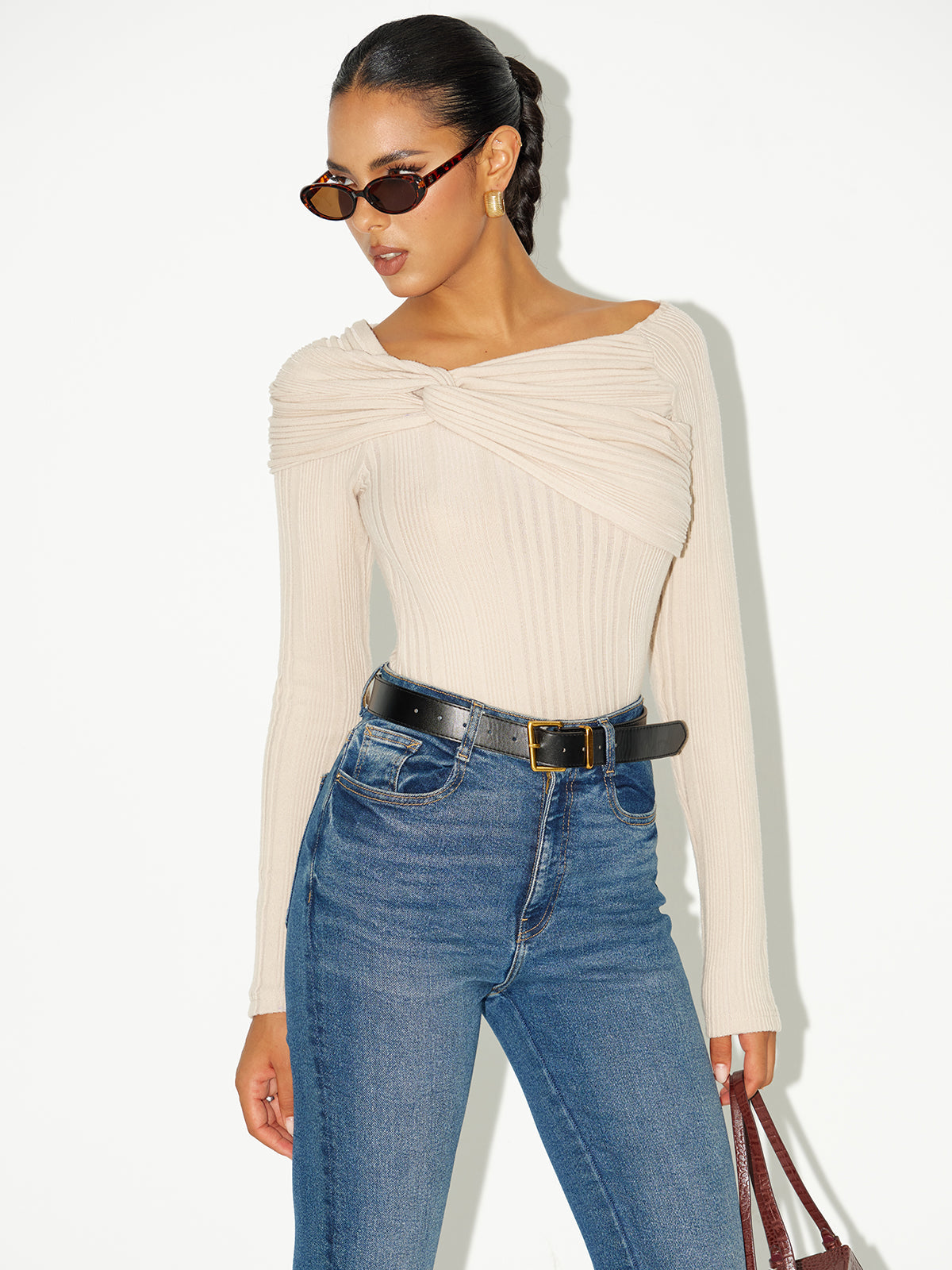 Asymmetric Twist-Front Ribbed Knit Top