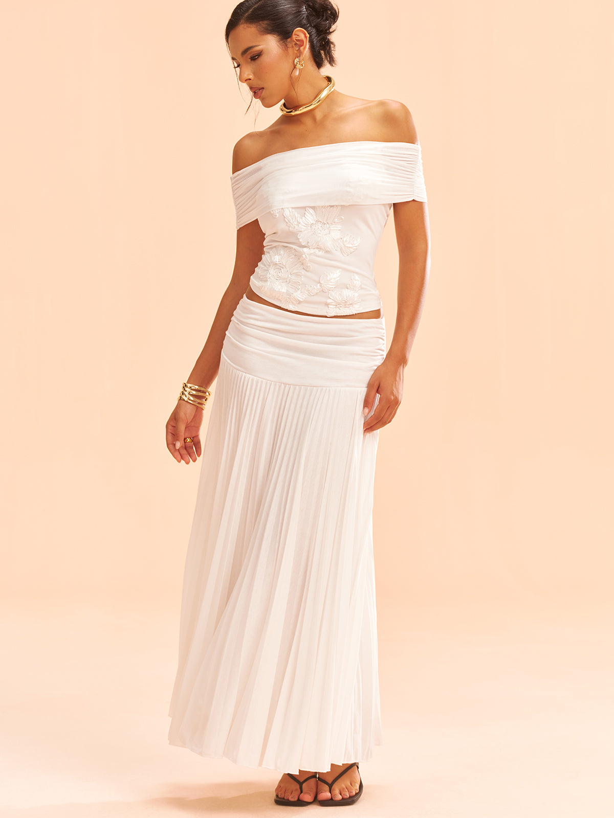 Mesh Off-Shoulder Floral Applique Blouse