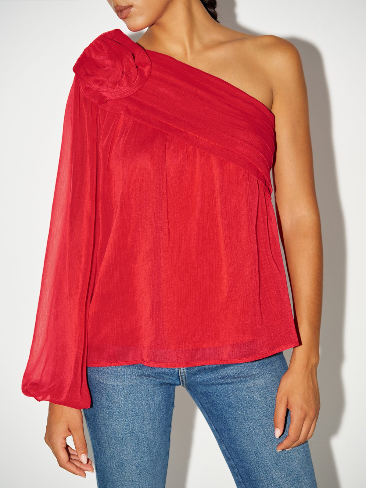 Chiffon One-Shoulder Rosette Shirt
