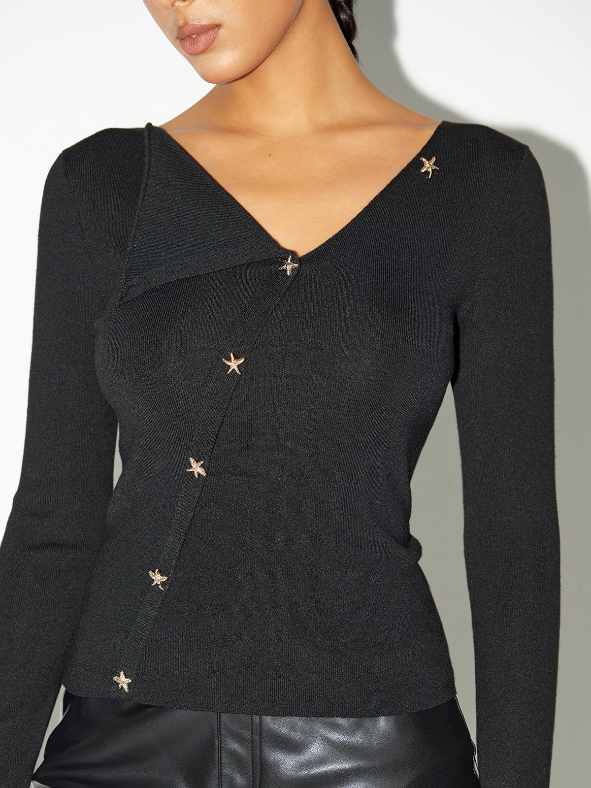 Asymmetric Star-Button Knit Top