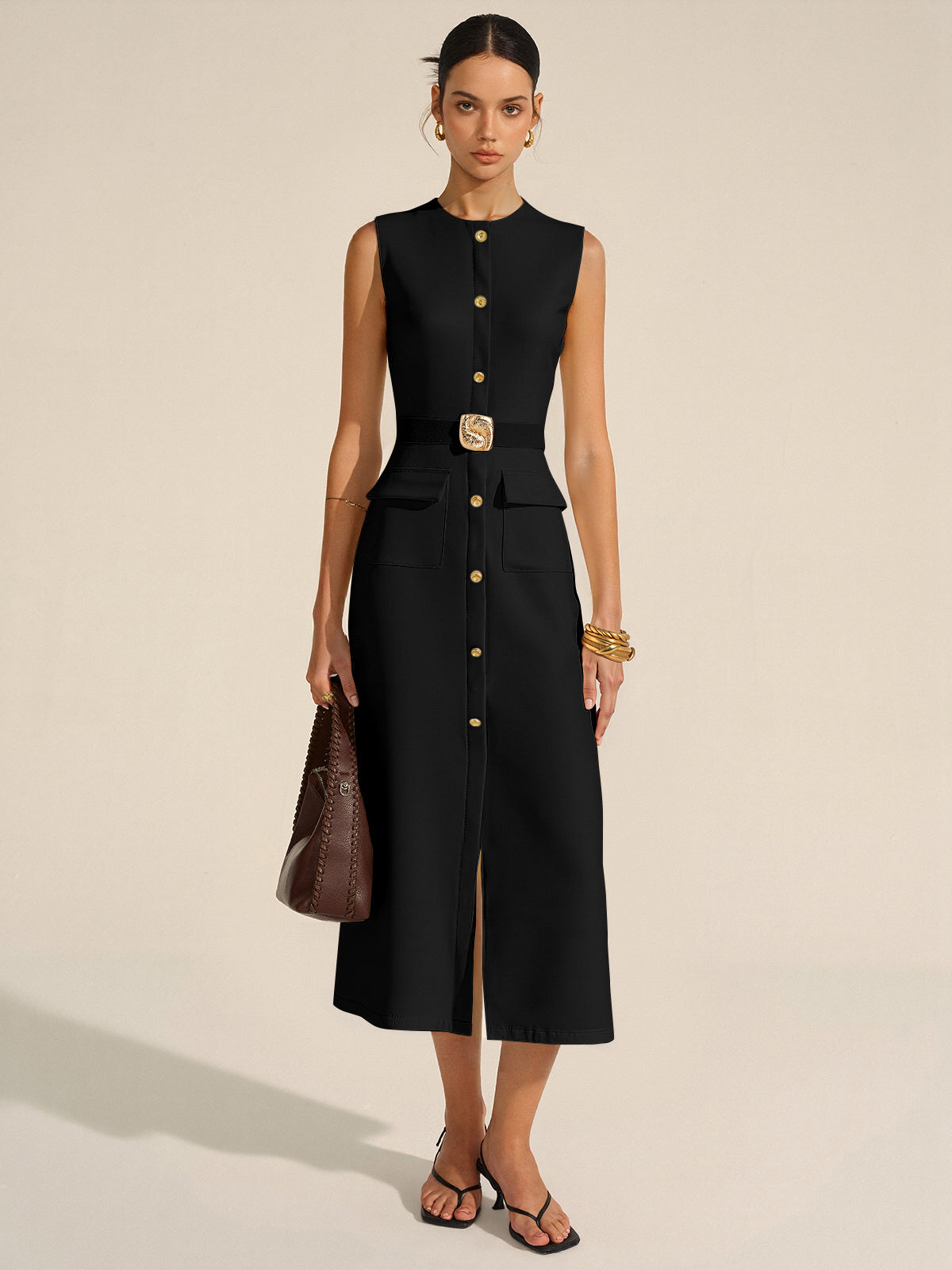 Robe longue boutonnée avec ceinture 