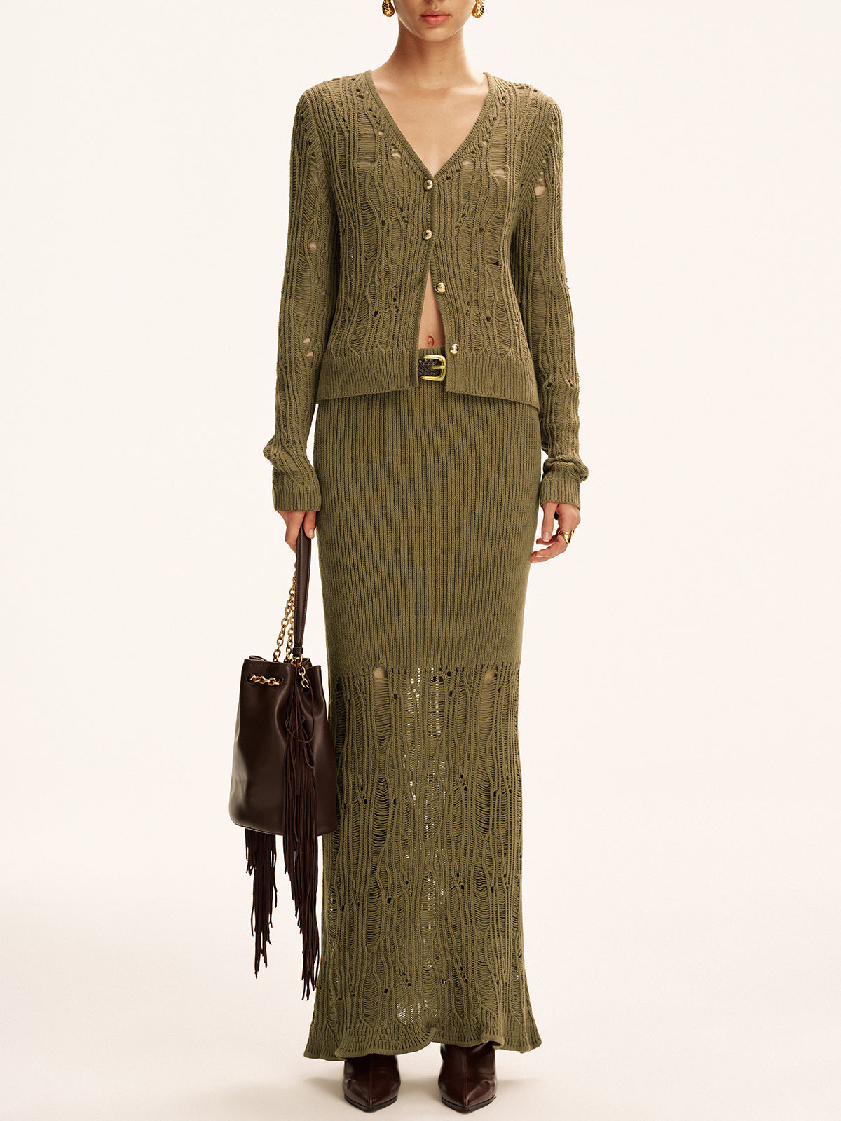 Metal Button Openwork Knit Skirt Set