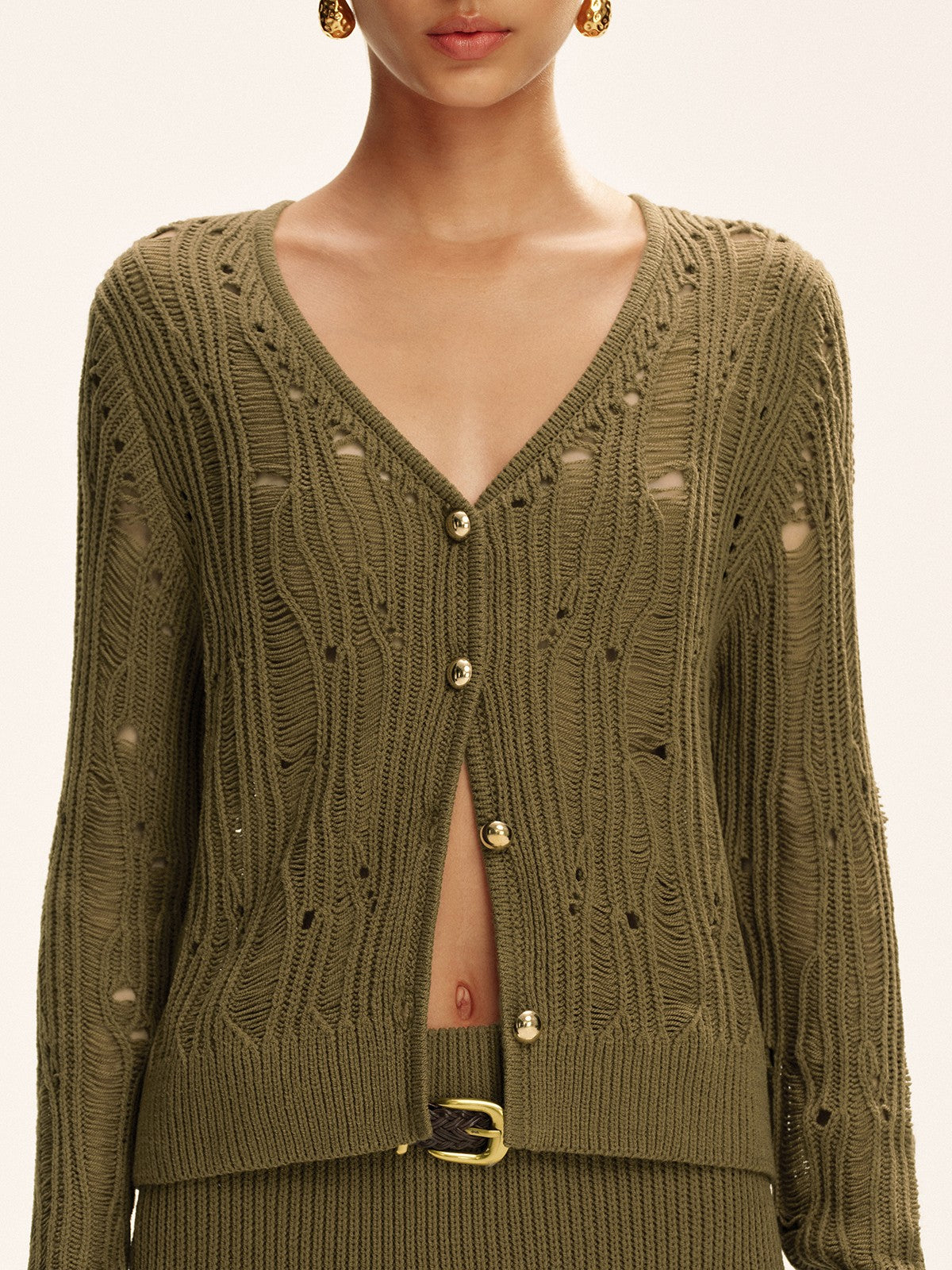 Metal Button Openwork Knit Skirt Set