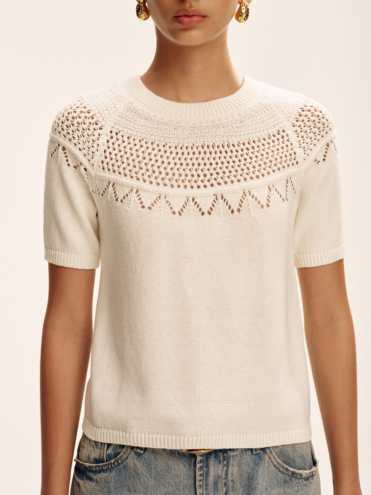 Short-Sleeve Eyelet Knit Sweater