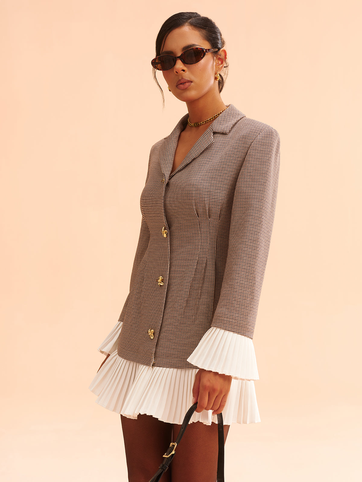 Pleated Hem Panel Houndstooth Blazer Dress