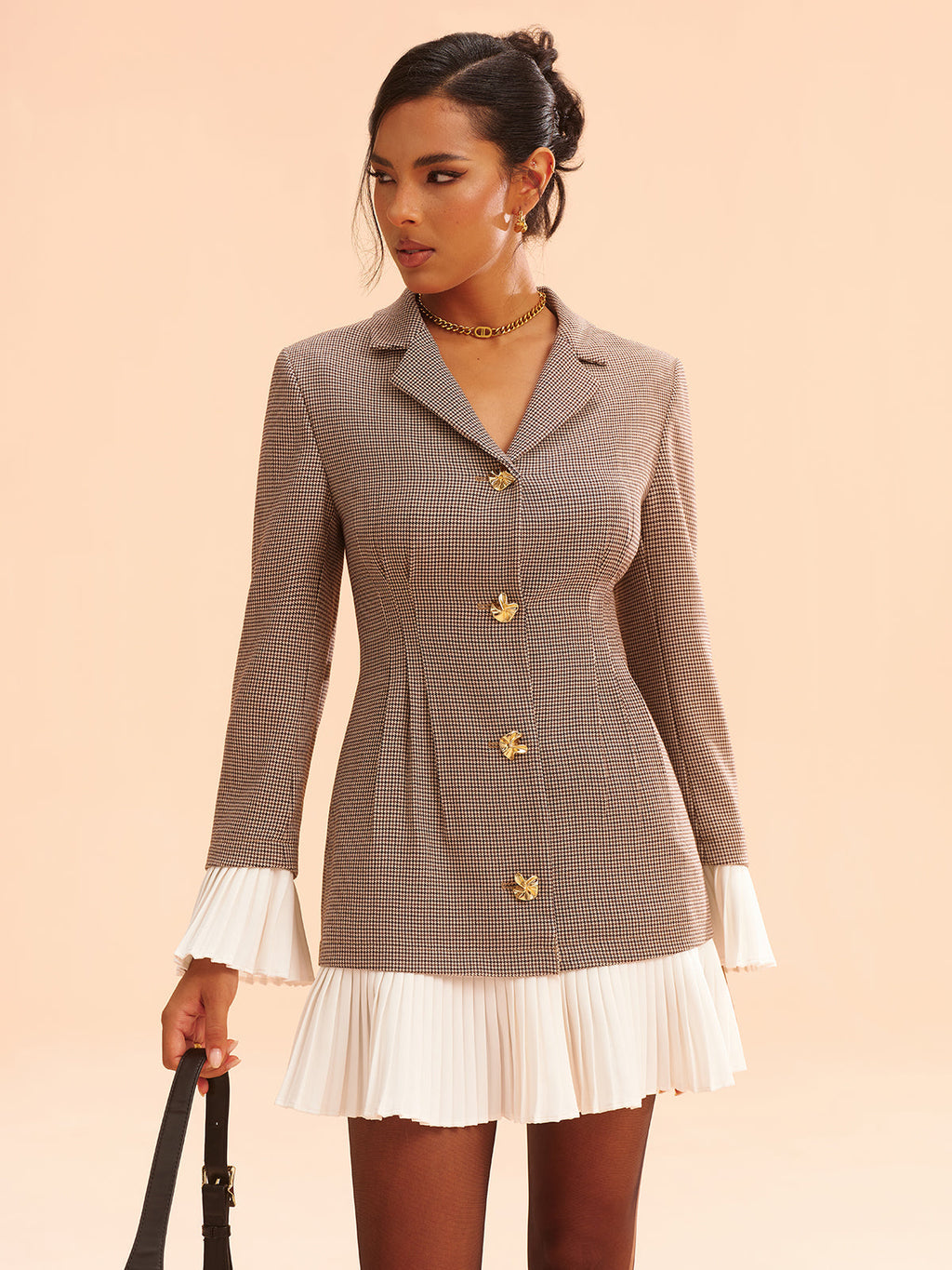 Plissiertes Saum-Panel Hahnentritt-Blazerkleid