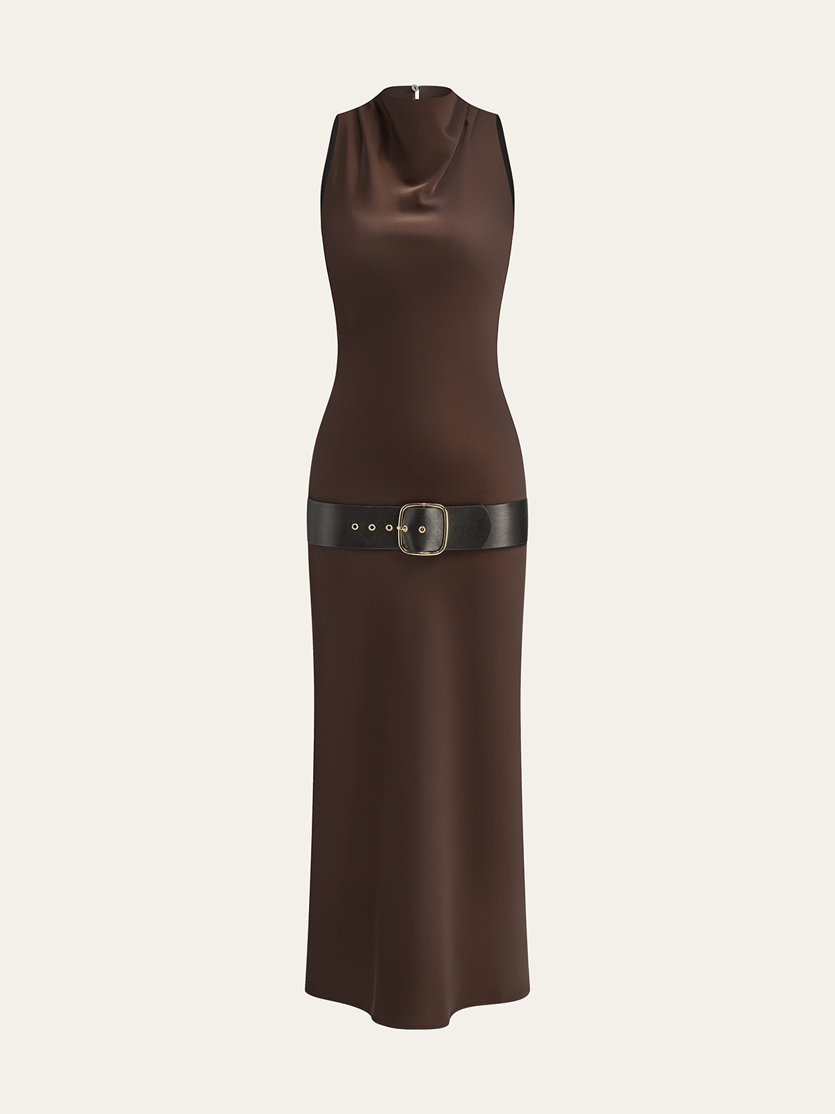 Satin-Midikleid mit Wasserfallausschnitt und Gürtel
