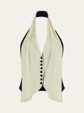 Color-Block Halter Neck Backless Button Top