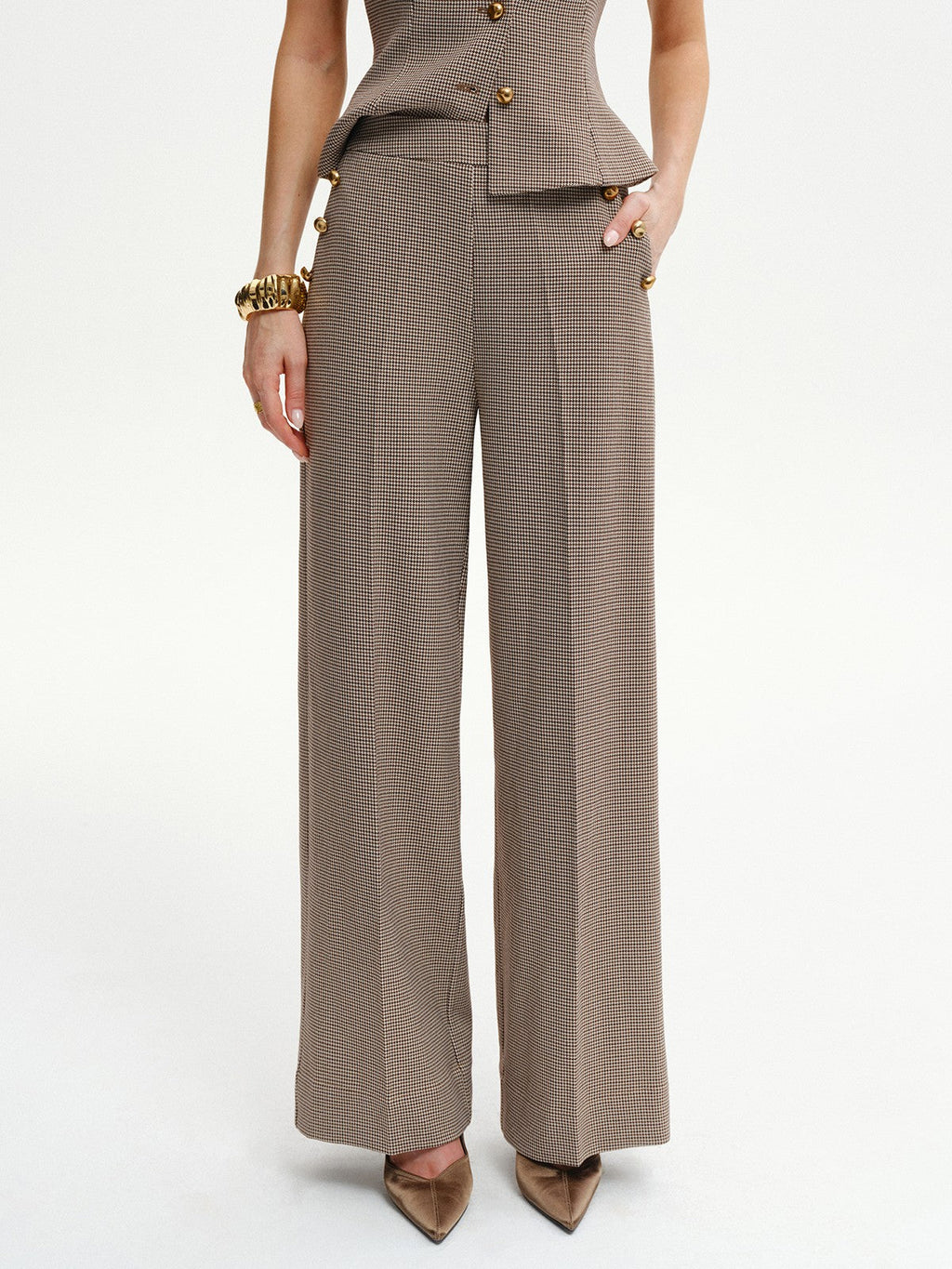 Hose mit Hahnentrittmuster, Metalldetail und mittelhohem Bund