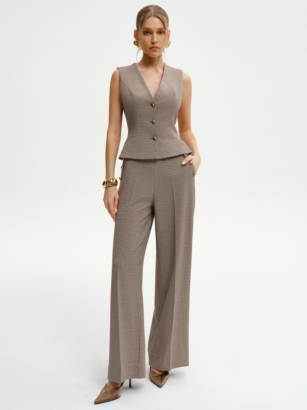 Pantalon mi-taille à motif pied-de-poule et détails métalliques