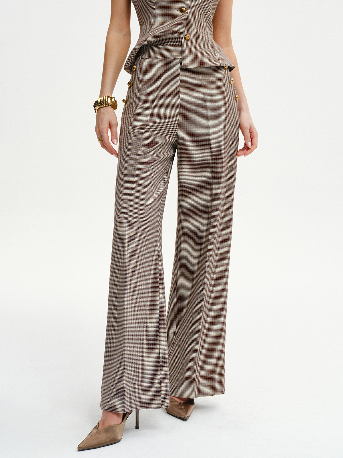 Hose mit Hahnentrittmuster, Metalldetail und mittelhohem Bund