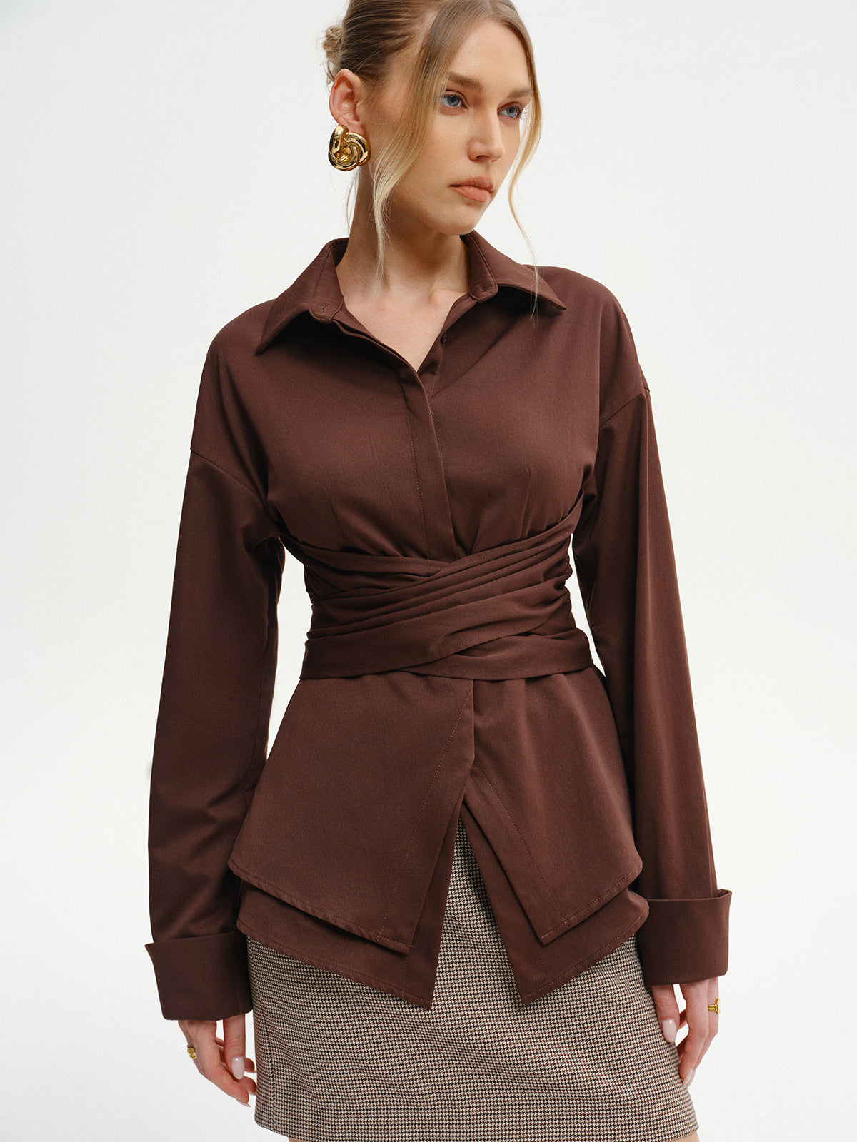 Long-Sleeve Wrap-Waist Back-Bow Shirt
