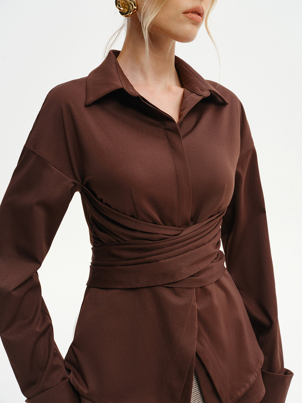 Long-Sleeve Wrap-Waist Back-Bow Shirt