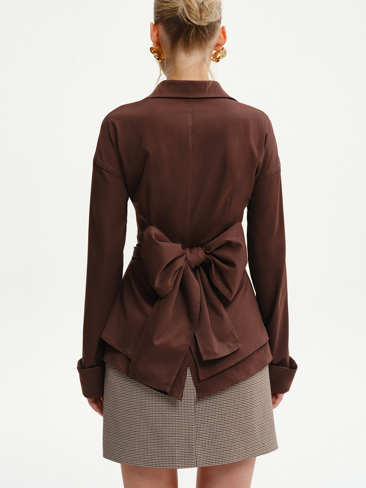Long-Sleeve Wrap-Waist Back-Bow Shirt