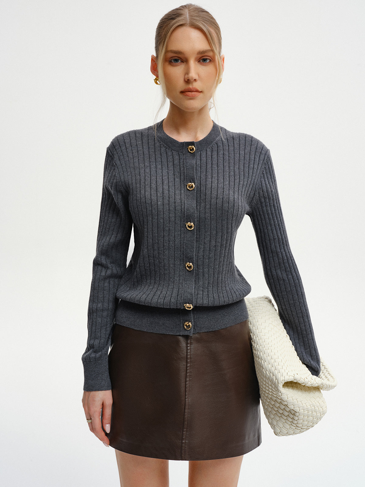 Wool-Blend Ribbed Knit Cardigan