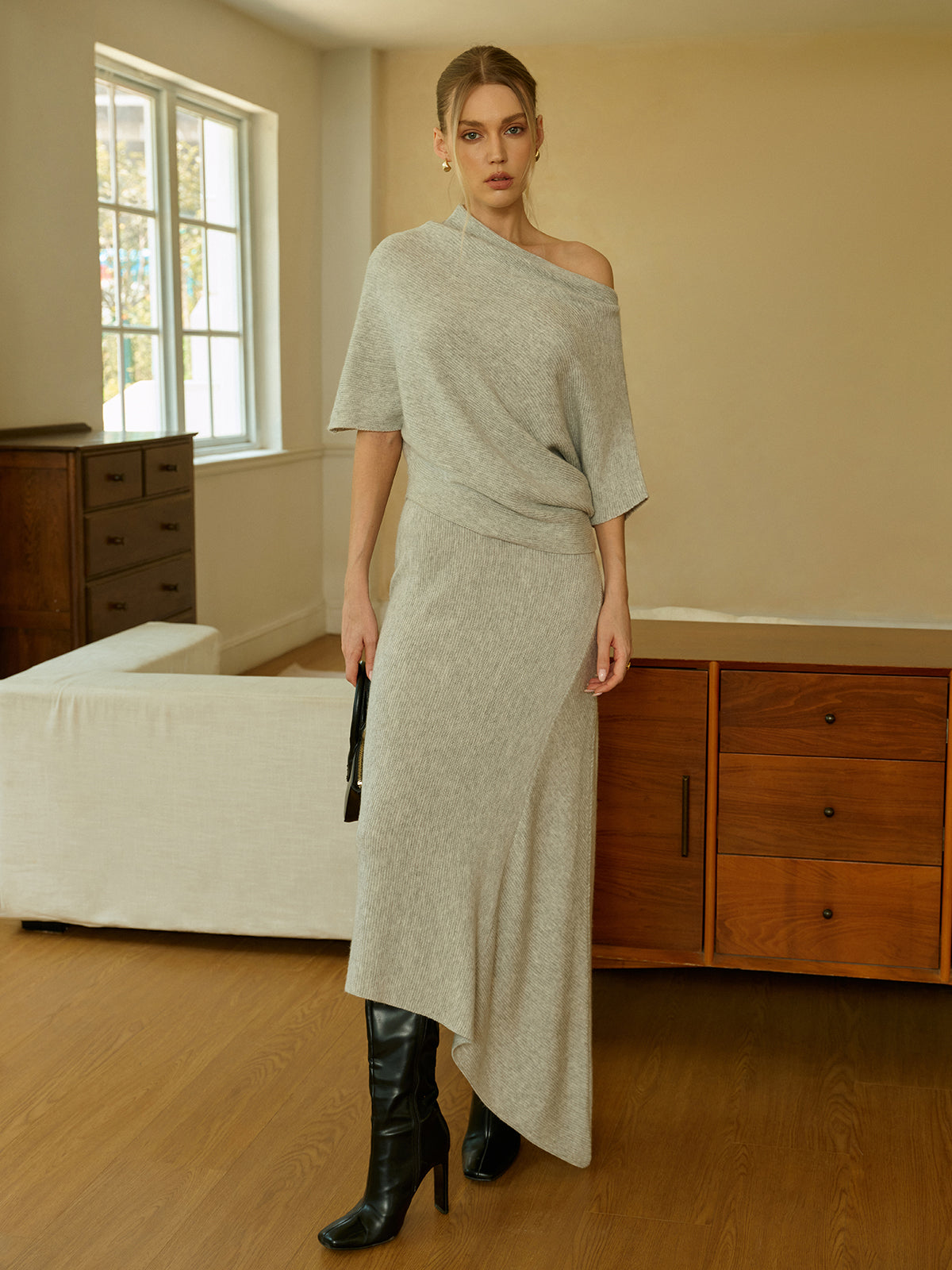 Asymmetric Wool-Blend Midi Skirt