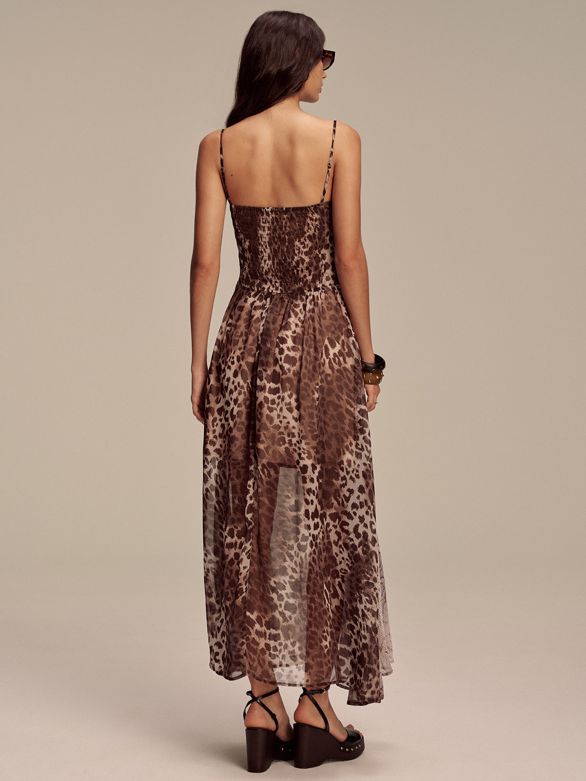 Robe longue semi-transparente en maille à empiècements imprimés animaliers 