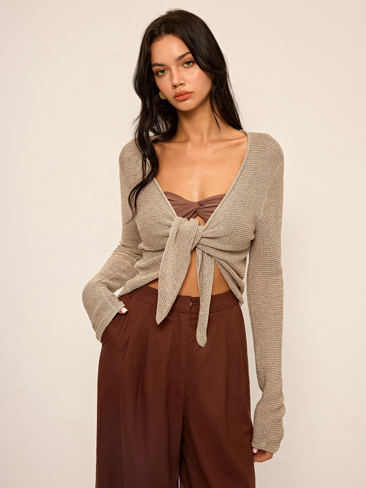 Knotted Front Long Sleeve Knit Top
