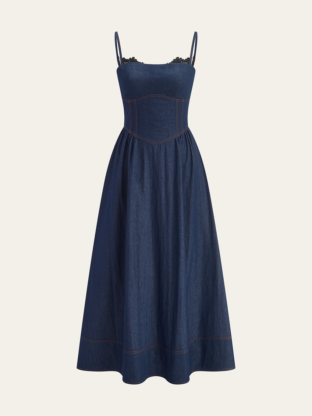 Robe longue en jean avec ourlet en dentelle
