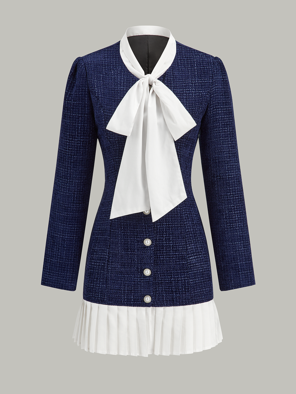 Pleated Hem Bow Neckline Tweed Mini Dress