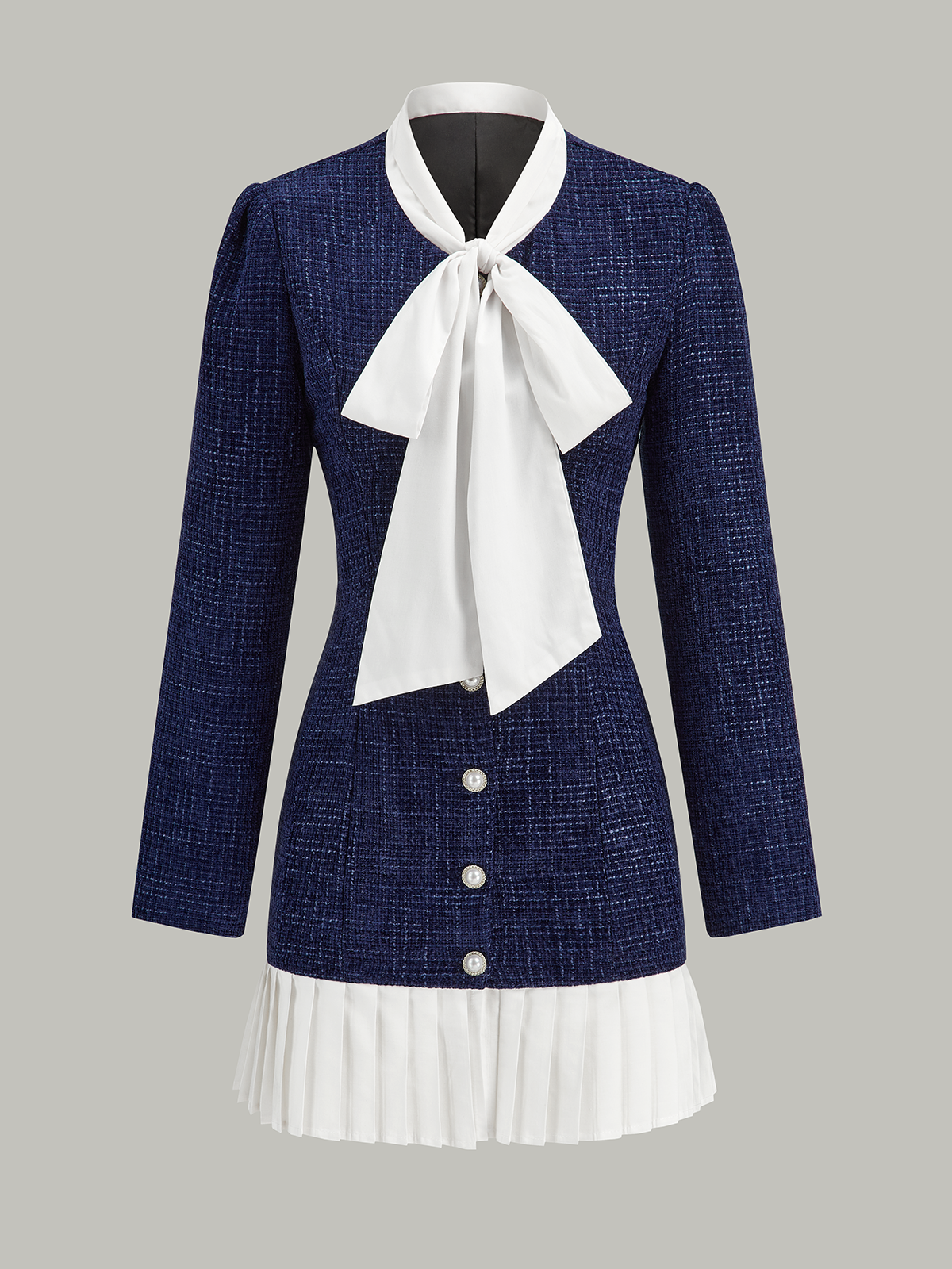 Robe courte en tweed à ourlet plissé et col nœud 