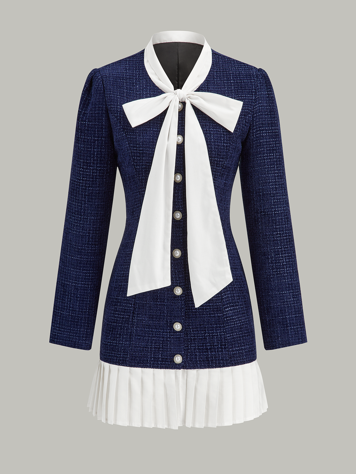 Robe courte en tweed à ourlet plissé et col nœud 