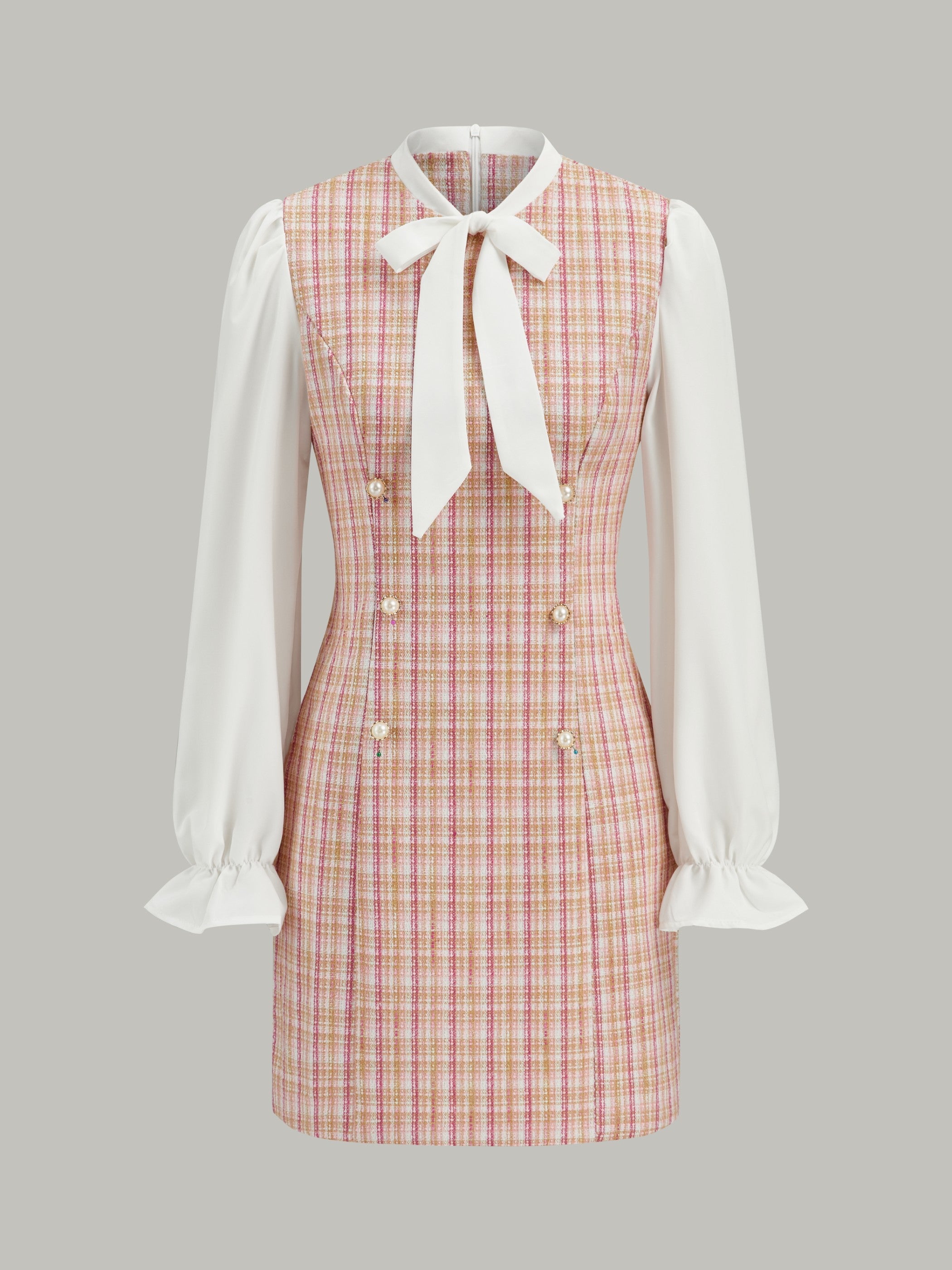 Bow Neckline Tweed Paneled Mini Dress