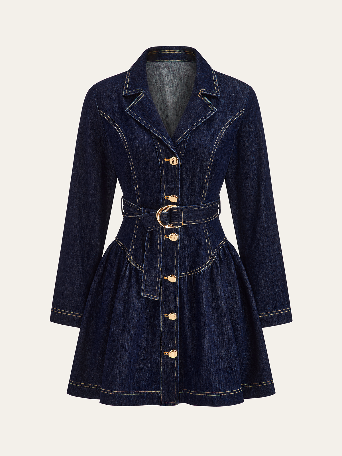 Metal Button Belted Denim Flare Mini Dress