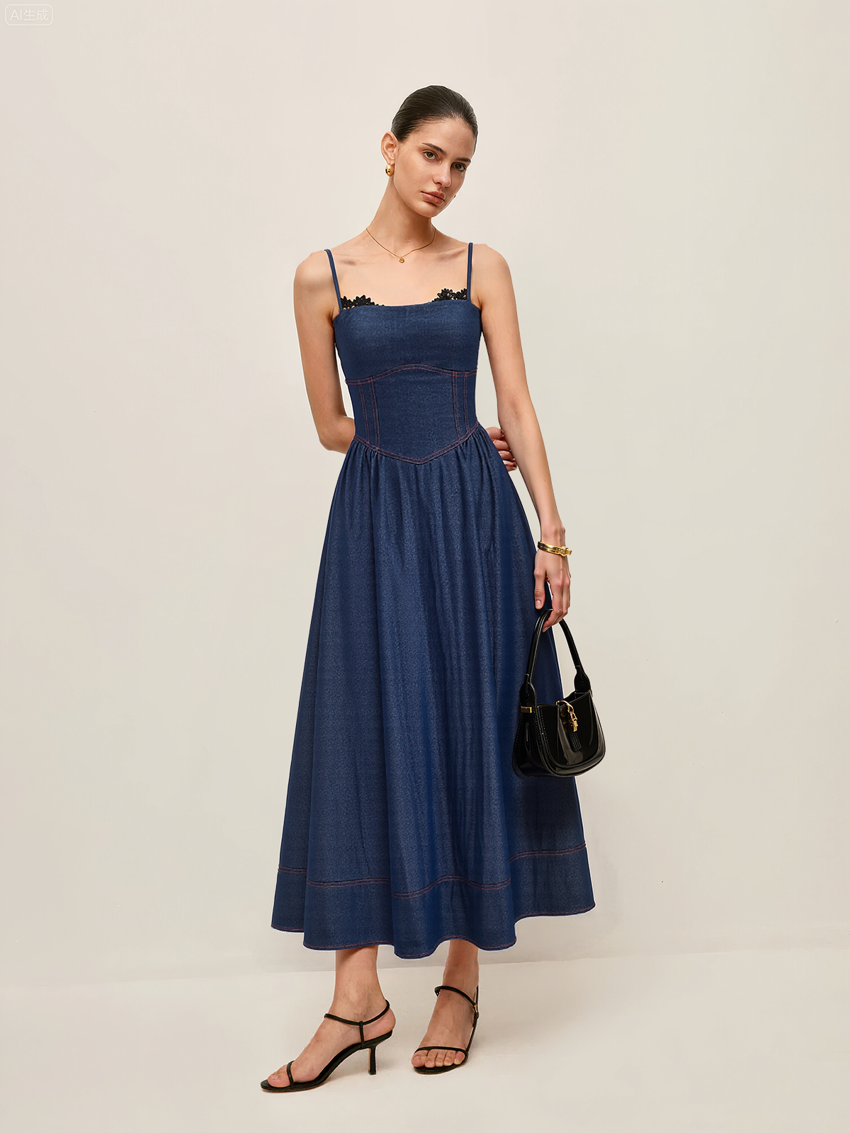 Lace Trim Denim Cami Maxi Dress