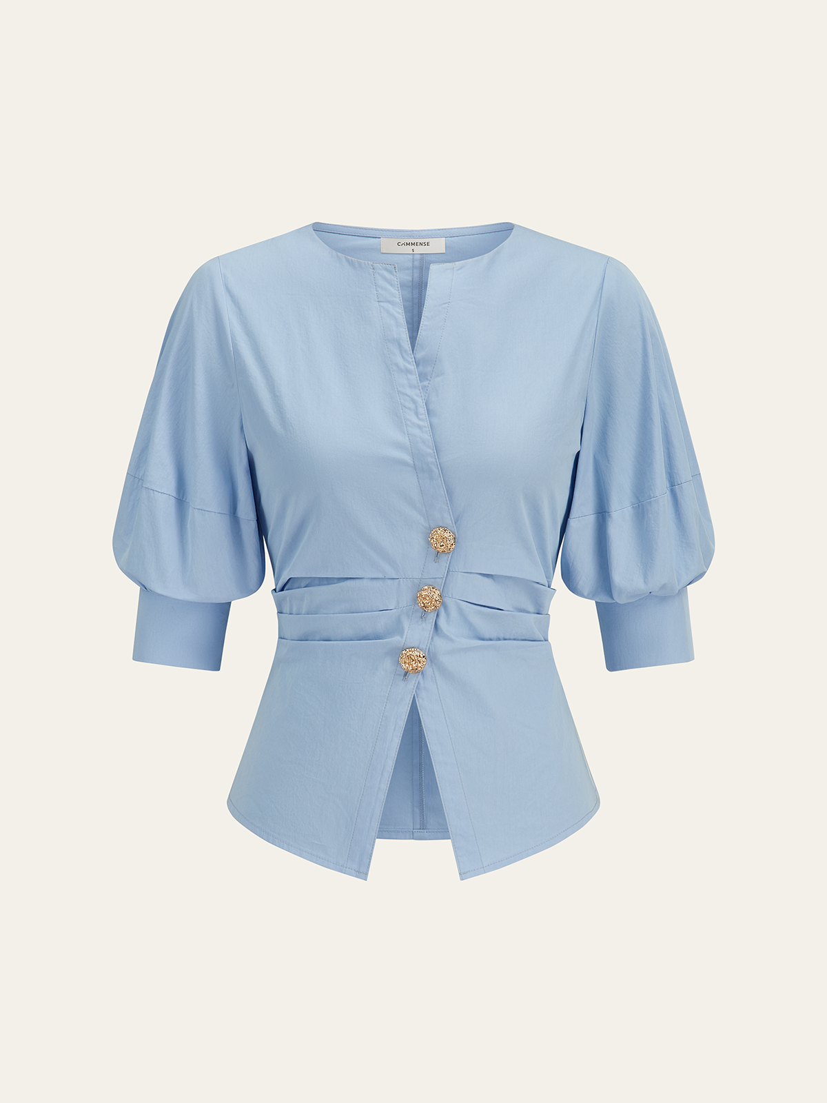Asymmetric Metal Button Puff-Sleeve Shirt